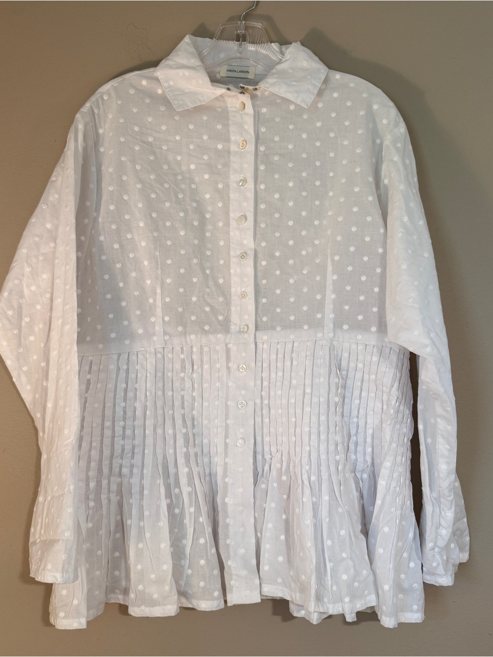 Krista Larson large white button down blouse polka dot adjustable one size